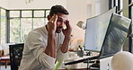 Stress, pain and man with headache in home office, brain fog and burnout for remote work by computer. Migraine, exhausted and tired freelancer with overwork, sick and data analyst with eye strain