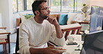 Computer screen, eating and thinking with man in home office for remote work as stock market investor. Breakfast, infographic and trading with portfolio manager reading financial investment trends