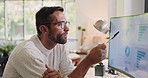 Computer screen, reading and thinking with man in home office for remote work as stock market investor. Graphs, statistics or trading and portfolio manager writing in apartment for problem solving