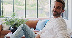 Face, man and relax with smile at house for ambition, realtor career and development of startup business. Portrait, person and glasses with property consultant, real estate agent and mortgage listing