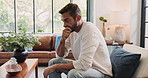 Stress, thinking and man with doubt in home for depression, reflection and worry for financial crisis. Anxiety, sad and person in living room with concern for fail, mistake or mental health challenge