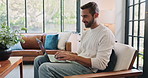 Man, writer and typing on laptop at house for research, reading article and feedback on media blog. Male journalist, online and review story of proofreading, editing information and publishing review