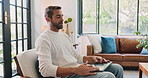 Man, done and relax with laptop at house for research, reading article and feedback on media blog. Male journalist, online and review story for proofreading, editing information and finish publishing
