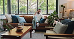 Man, phone call and couch for freelance discussion, remote work and online for networking in home. Relax, talking and interior designer with client for advice, business contact and schedule meeting