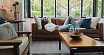 Man, peace and chilling on weekend in home, happy and listening to music in living room. Comfortable, couch and person for lazy resting in modern apartment, dancing and hearing sound on morning