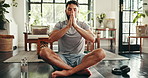Home, man and yoga with prayer hands for fitness, mindfulness and inner peace with zen in apartment. House, male person and yogi with namaste for holistic wellness, chakra and meditation in morning