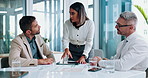 Business people, tablet and discussion in meeting with data, investment analytics or performance metrics. Team manager, technology or planning with financial charts, graphs or brainstorming in office