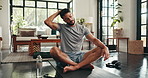 Man, fitness and neck stretching for warm up, workout exercise or training for muscle in home. Flexibility, goals and athlete person for cardio, wellness and balance on floor with mat for challenge