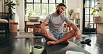 Man, exercise and neck stretching in home for warm up, fitness workout or training for leg muscle. Endurance, goal and athlete person for cardio, wellness and balance on floor with mat for challenge