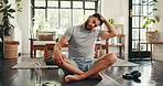Man, exercise and neck stretching for warm up, fitness workout or training for muscle in home. Endurance, goals and athlete person for cardio, wellness and balance on floor with mat for challenge