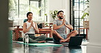 Yoga, laptop and couple breathe in home for mindfulness, online meditation and wellness. Morning, house and man with woman on computer for video tutorial, health subscription and lesson for peace