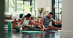 Yoga, stretching and couple on floor in home for exercise, workout and warm up for wellness, health and balance. Morning, apartment and man with woman on mat for pilates, flexibility and bonding