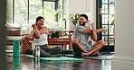 Yoga, stretching arms and couple in home for exercise, workout and warm up for wellness, health and pilates. Morning, apartment and happy man with woman bonding for calm, peace and positive energy
