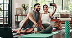 Couple, selfie and bonding with fitness, living room and yoga mat for exercise, smile and post on web blog. Woman, man and photography for memory, profile picture and social media on floor in home