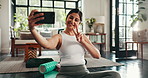 Girl, selfie and peace sign in home, fitness and smile for post on web with pilates, training and yoga mat. Woman, influencer and happy with emoji, exercise and teaching virtual class on social media