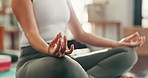 Home, hands and meditation with chakra for fitness, mindfulness and inner peace with zen in apartment. Closeup, woman and female yogi with namaste for holistic wellness, lotus pose or yoga in morning