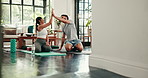 Yoga, high five and couple in home for balance with exercise, workout and stretching for wellness. Happy, relationship and man with woman celebrate for pilates, health goals and bonding in house