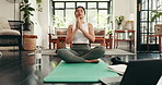 Zen, meditation and woman with laptop, house and listening to ambient music, living room or chakra. Home, person and calm with sound in lounge, peace and girl with mindfulness app, relax or breathing