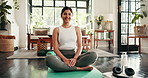 Meditation, breathing and face of woman in home with morning calm, zen or relax routine. Happy, yoga and portrait of female person in lotus pose for stress and anxiety relief with mindfulness.