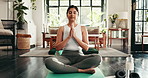 Home, woman and yoga with prayer hands for fitness, mindfulness and inner peace with zen in apartment. House, female person and face with namaste for holistic wellness, chakra and meditate in morning