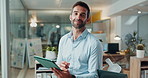 Face, tablet and smile with business man in office for project manager, deadline schedule and planning. Creative consultant, client feedback and progress report with person for budget tracking