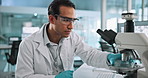 Microscope, man and scientist with petri dish in lab for DNA research, study or project. Biotechnology, RNA and professional male biologist working on pharmaceutical innovation with medical analysis.