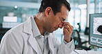 Lab, science and man with stress on computer for development, medical study and online research. Healthcare, pharmaceutical and tired scientist with fatigue, burnout and headache for vaccine mistake