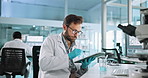 Tablet, medical and man with research for science, pharma test and virus analysis. Pen, technology and scientist in laboratory for medicine development, data and chemistry  for healthcare innovation