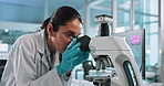 Microscope, science and woman with petri dish in laboratory for DNA research, study or project. Biotechnology, RNA and female biologist working on pharmaceutical innovation with medical analysis.