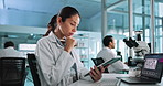 Tablet, thinking and woman with research for science, pharma insight or virus analysis. Pen, technology and scientist in lab with medical data, development and problem solving for healthcare at night