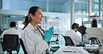 Woman, scientist and computer for success in lab of good news, medical research and vaccine results. Person, applause and microscope with online report, healthcare achievement and celebrate promotion