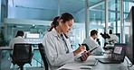 Tablet, scientist and woman in laboratory for test, research or think of virus analysis. Pen, technology and science professional with medical data, cure development or problem solving for healthcare