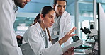 Clipboard, technology and team of scientists in laboratory for DNA research, project or discovery. Science, collaboration and biologists with RNA for pharmaceutical innovation with medical analysis.