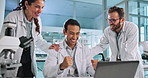 People, scientist and laptop for success in lab with good news, medical research and vaccine results. Teamwork, fist bump and microscope for online report, healthcare feedback and celebrate promotion