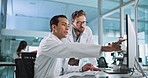 Science, research and men in lab, computer and teamwork with discussion, results for experiment or internet. People, scientist or conversation with pc, feedback for cure or website info for treatment