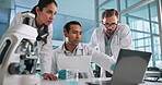 Teamwork, scientist or people on laptop for science breakthrough, clinical trial or discovery. Low angle, medical and checking results on technology for vaccine research, cure or development in lab
