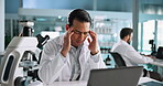 Anxiety, scientist and man with headache, healthcare and thinking of medical report, laptop and pain. Contemplating, employee and person with stress for research, migraine and overworked in lab