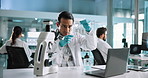 Beaker, scientist or man with vial in lab for science breakthrough, clinical trial or discovery. Laptop, medical or liquid for checking results on experiment for vaccine research, cure or development