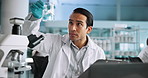 Chemical beaker, scientist and man with test, experiment or inspection in lab. Chemistry, biotechnology and science worker check or shake liquid for medical study, research and clipboard at night