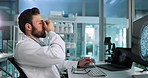 Lab, science and man with headache on computer for cancer research, medical study and vaccine development. Healthcare, pharmaceutical and tired scientist with fatigue, burnout and stress for mistake