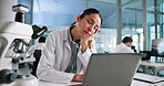 Tired, scientist and woman in lab, sleeping and burnout for medical research, laptop and overworked. Exhausted, resting and person with project for diagnosis, science and employee with fatigue