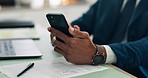 Business, hands and man in office, smartphone and scroll with financial advisor, internet and connection. Person, closeup or employee in workplace, cellphone and digital app for investment or trading