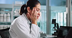 Laboratory, science and woman with headache on computer for research, medical study and microscope for sample. Healthcare, pharmacy and tired scientist with fatigue, burnout and stress for mistake