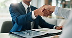 Shaking hands, proposal and business people in office with documents, agreement and approval for funding. Handshake, congratulations and deal with b2b partnership, contract and thank you at meeting