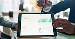 Consulting, finance and data on tablet screen with business people in office for investment growth. Infographic, money and portfolio with financial advisor speaking to client for wealth management