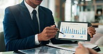 Consulting, finance and infographic on tablet screen with business people in office for investment growth. Data, money and portfolio with financial advisor speaking to client for wealth management