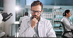 Thinking, scientist or man on laptop for science breakthrough, clinical trial or discovery. Online, medical study or brainstorming ideas in lab on technology for vaccine research, cure or development