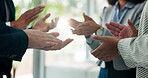 Hands, applause and group in office with celebration, praise or support at team building exercise. Business people, staff and cheers with clapping, success and goals with motivation at finance agency