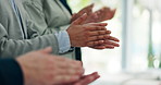 Hands, applause and team in office with celebration, praise or support for achievement at company. Business people, staff and cheers with clapping, success and goals with motivation at finance agency