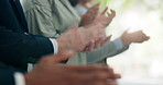Hands, applause and team in office with achievement, praise or support for celebration at company. Business people, staff and cheers with clapping, success and goals with motivation at finance agency